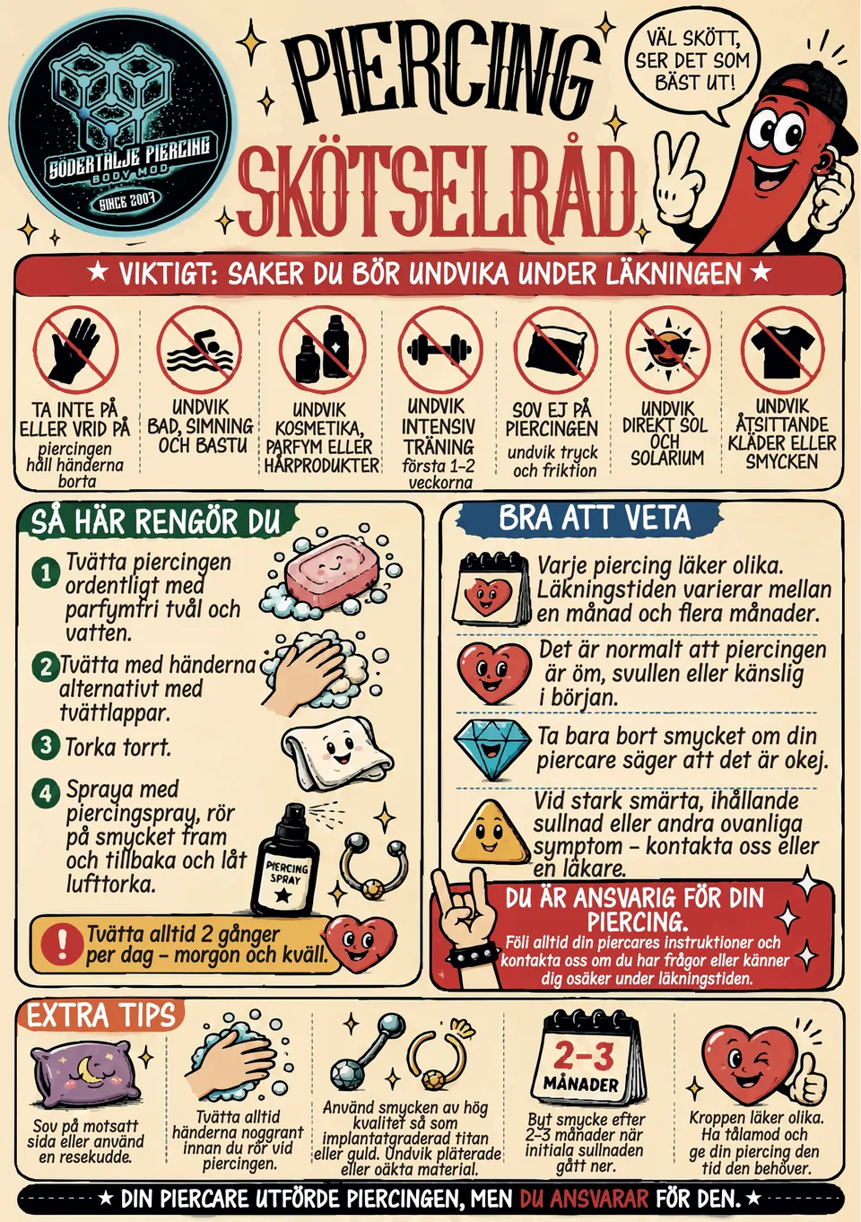 Flyer: skötselråd för piercing – Södertälje Piercing