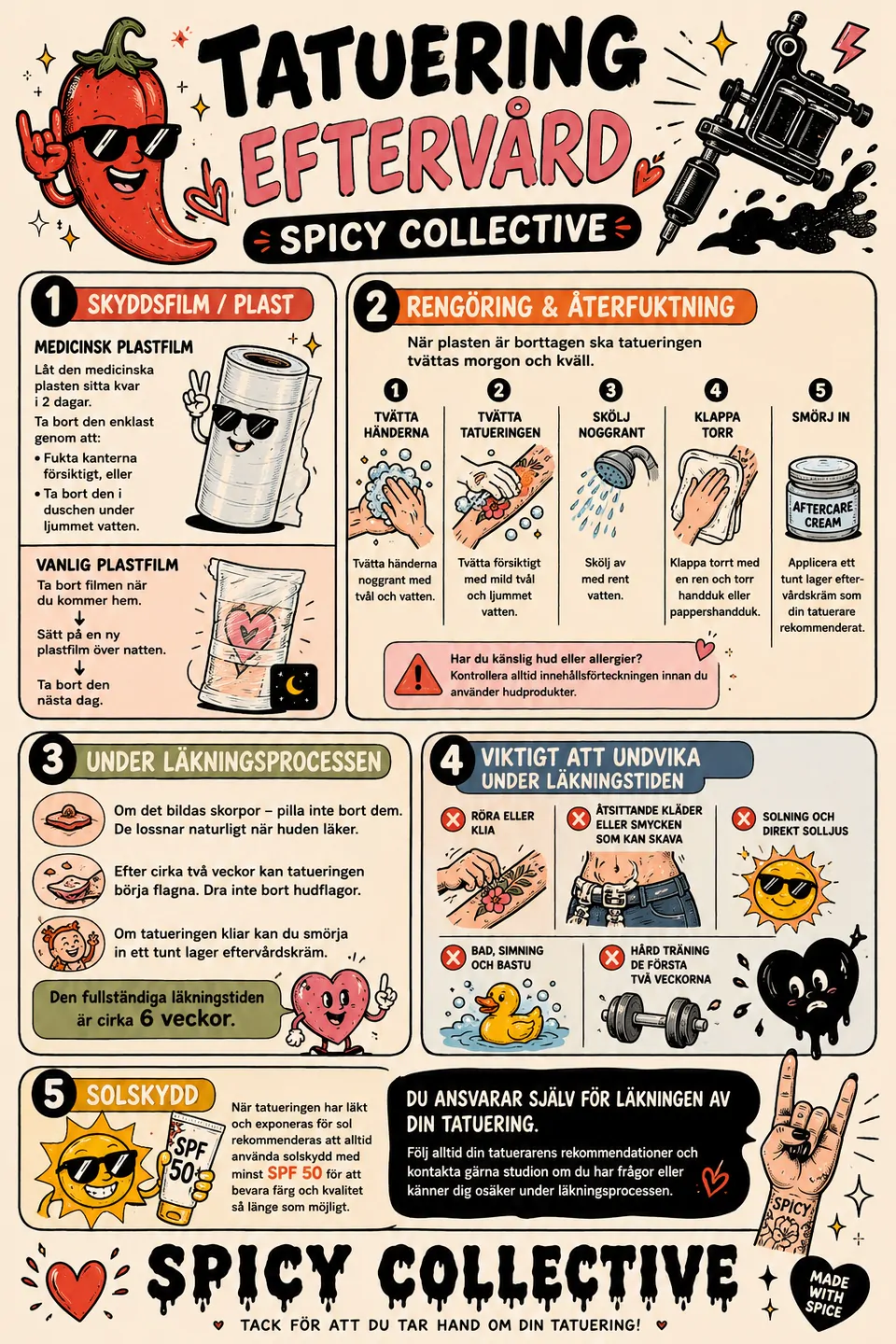 Flyer: eftervård för tatuering – Spicy Collective